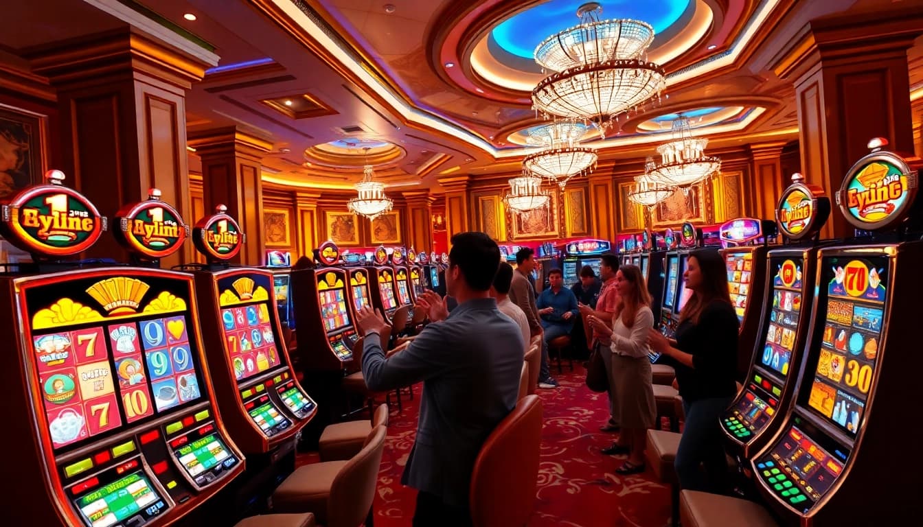 Pemain menikmati slot xgslot88 di suasana kasino yang meriah dan berwarna-warni.