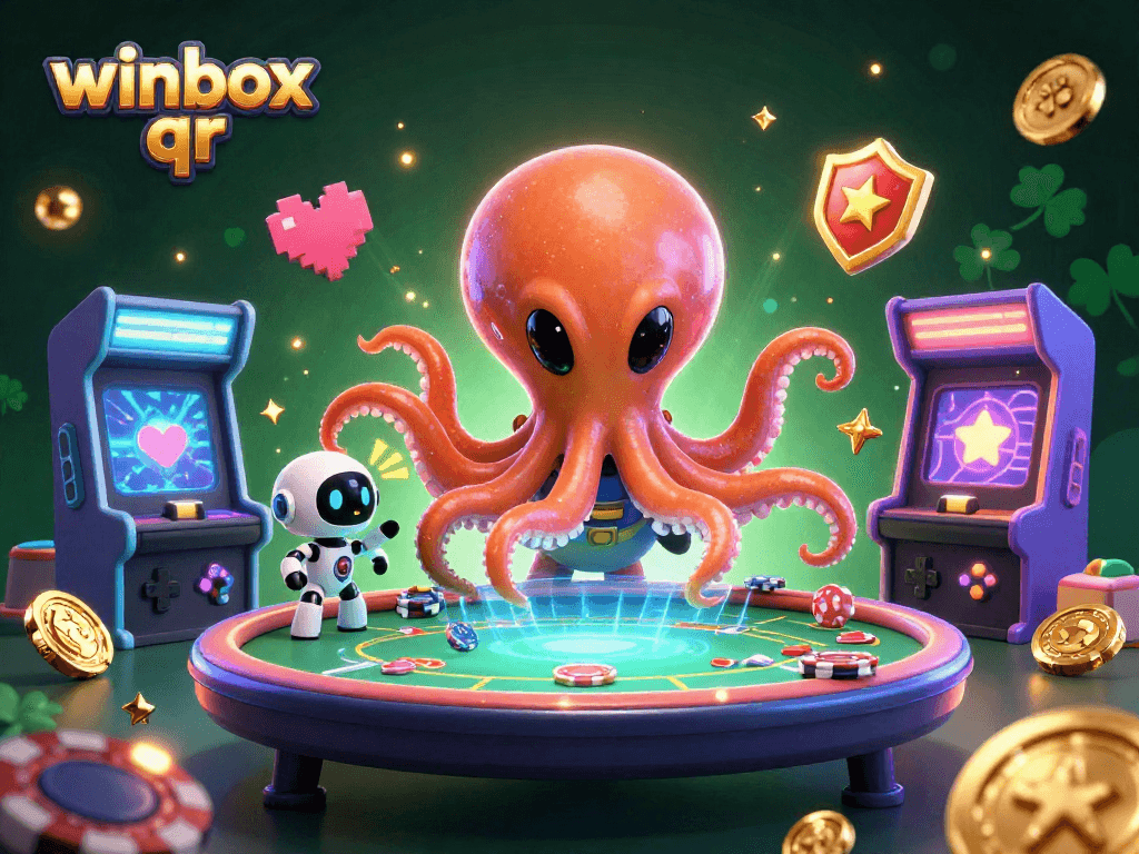 Experience the excitement of winbox qr as a cartoon octopus runs a holographic poker table, surrounded by dynamic casino elements.