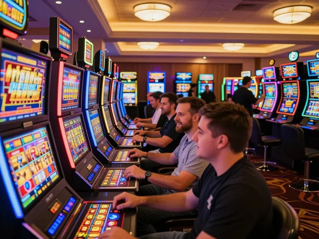 Experience thrilling gameplay at 32win's slot machines with engaging players and vibrant lights.