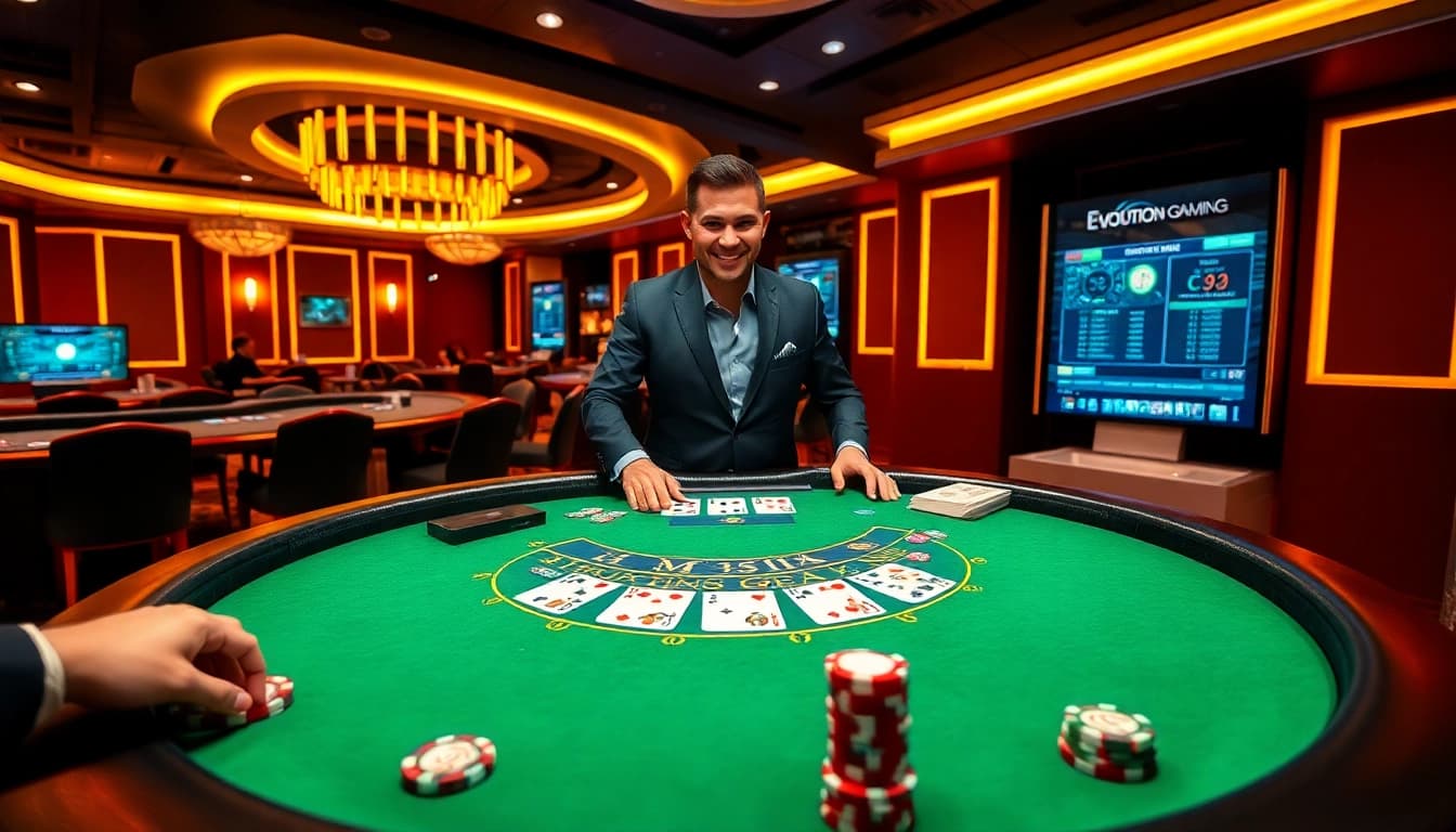 Experience แบล็คแจ็ค Evolution Gaming in a luxurious live dealer setting with an engaging atmosphere.