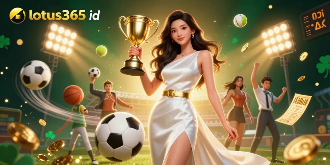 Win big with lotus365 id, showcasing a victorious Asian woman in a luxurious gown holding a trophy amidst dynamic sports betting elements.