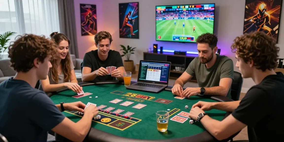 Friends enjoying a game night while placing bets on 28bet, showcasing a vibrant home gaming atmosphere.