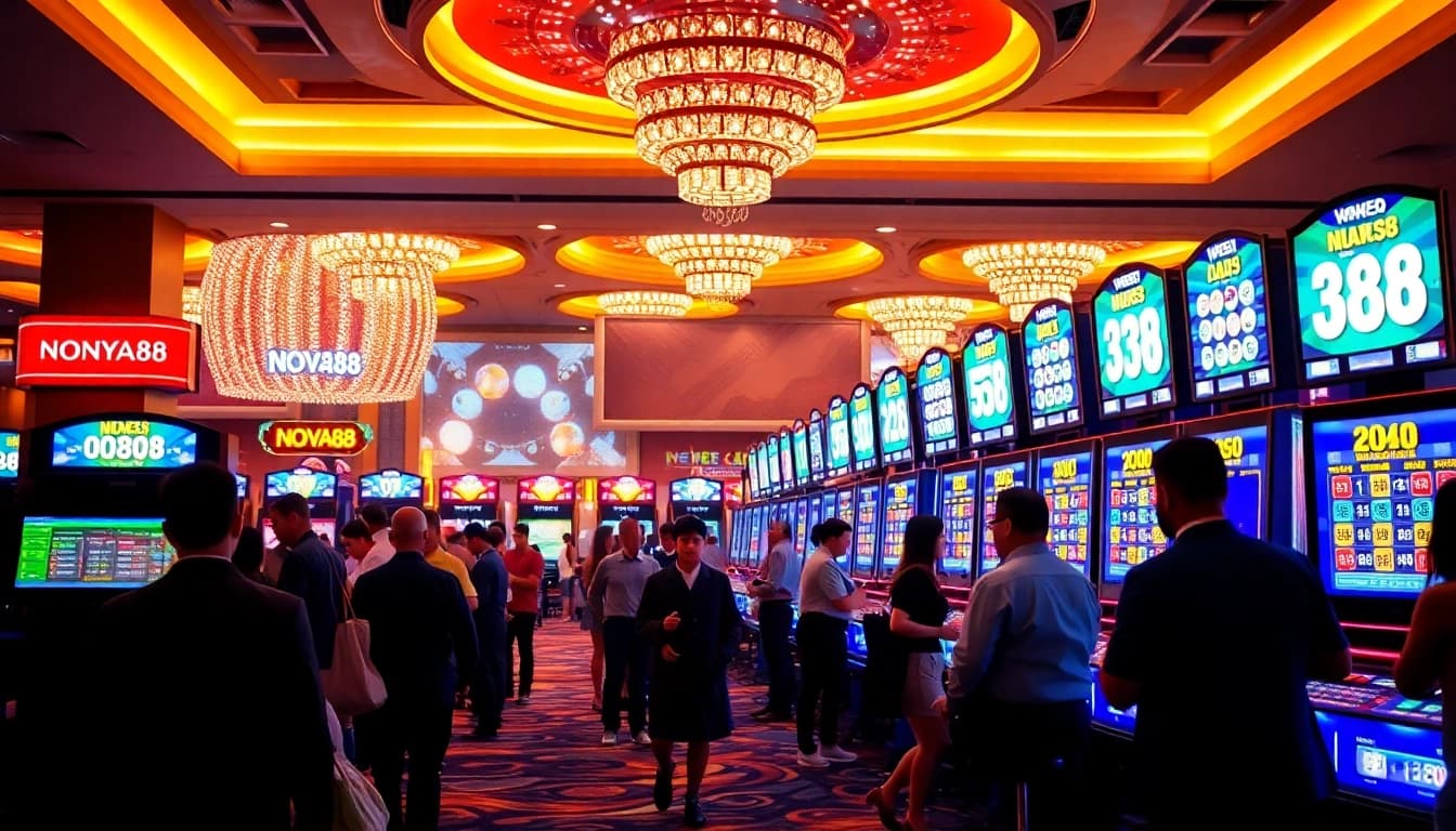 Engaging players enjoying the Nova88 lottery experience inside a vibrant casino setting.
