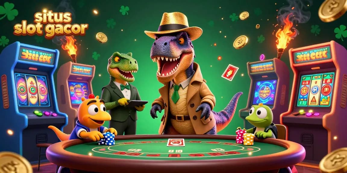 Situs slot gacor scene with velociraptor card counter, stegosaurus pit boss, and compy pickpocket amongst vibrant gaming elements.
