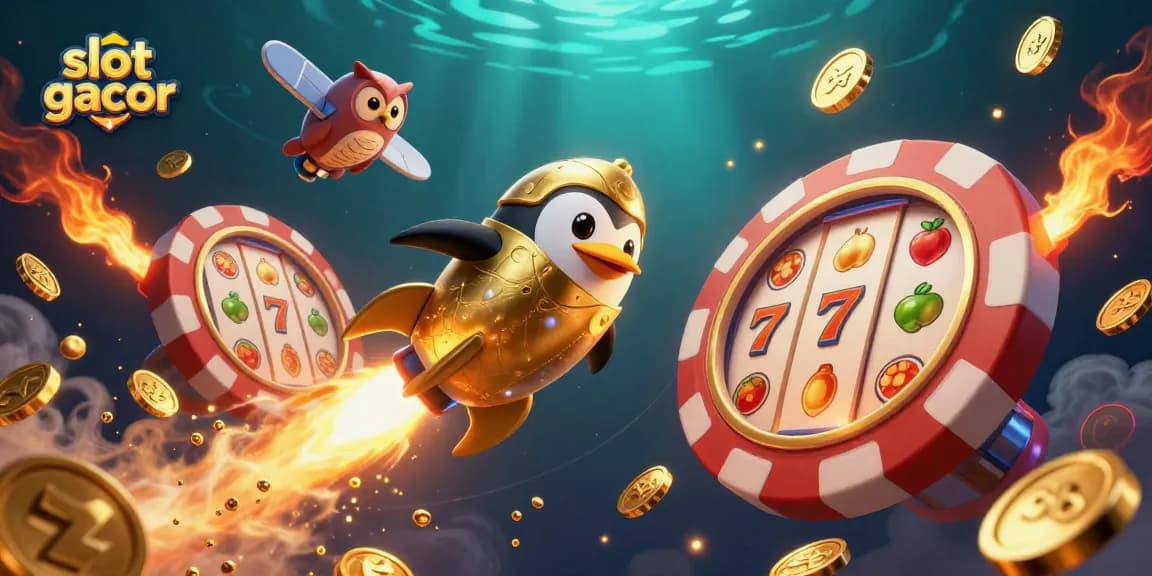 Menangkan permainan slot gacor dengan penguin emas berenergi roket dan simbol keberuntungan yang berkilauan.