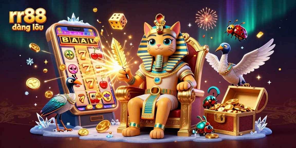 Experience rr88 đăng nhập with the Egyptian pharaoh cat shining amidst a jackpot explosion in this vibrant casino scene.