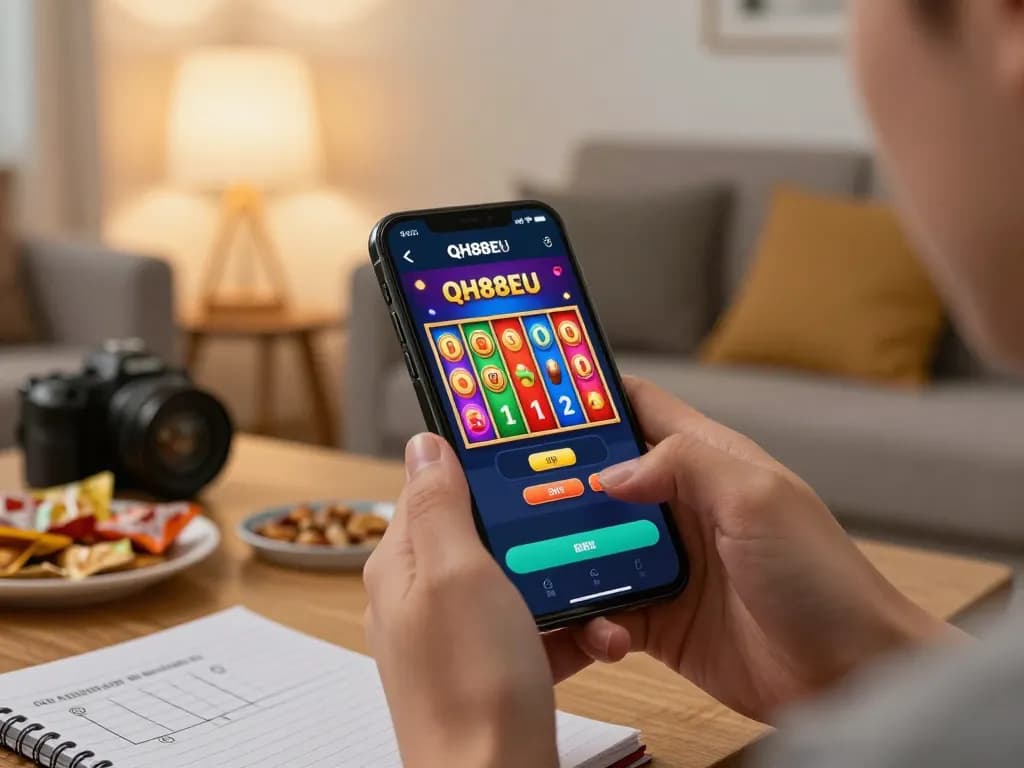 A person enjoying the QH88EU mobile casino app while relaxing in a cozy living room, showcasing responsible entertainment practices.