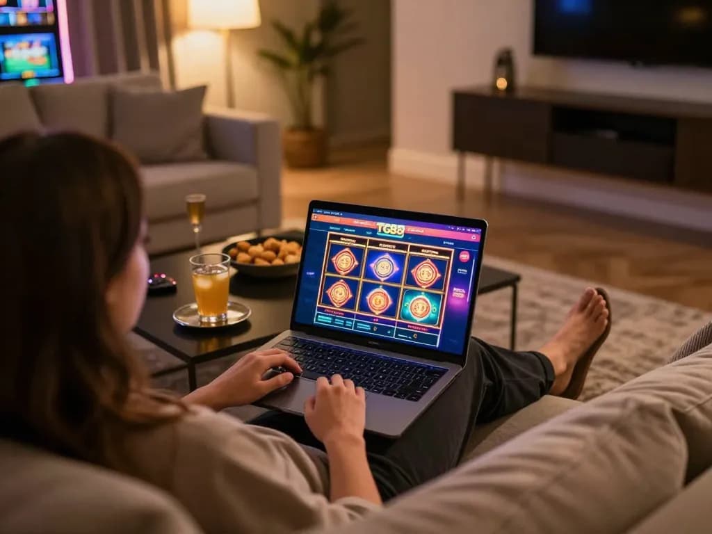 Engaging online gaming experience at TG88 with vibrant slot displays and cozy setup