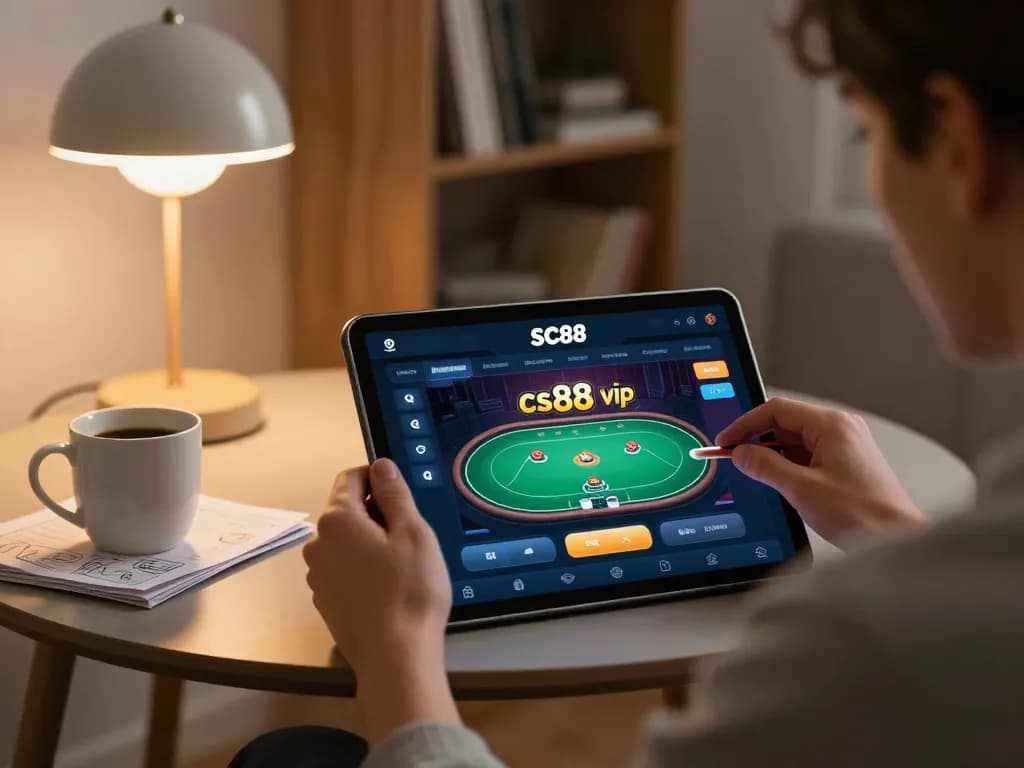 Engaging in cs88 vip poker on a tablet in a cozy home setup, highlighting strategic gameplay.