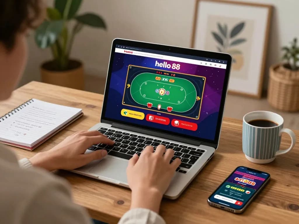 Engaging in hello88 online poker, a player studies strategies while gaming on a laptop.