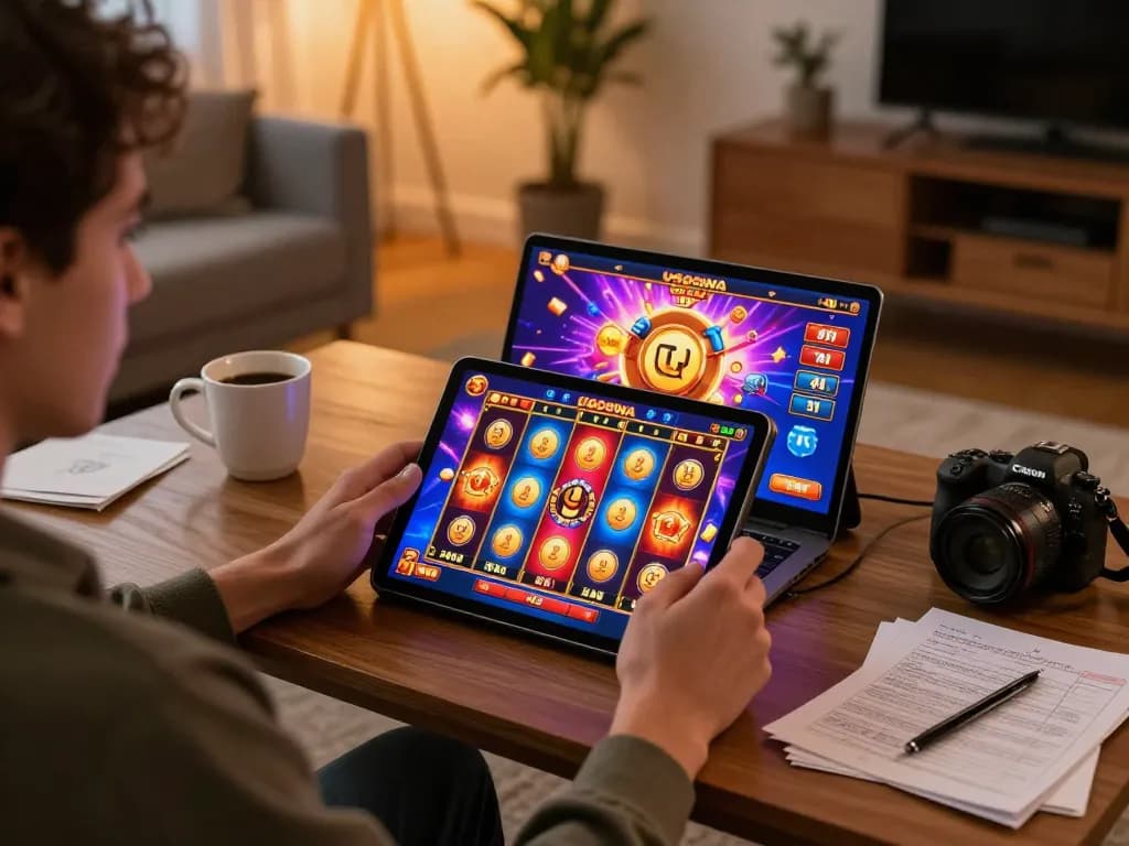 Player engaging in dynamic UGDEWA slot game on tablet at home, highlighting gaming strategy.