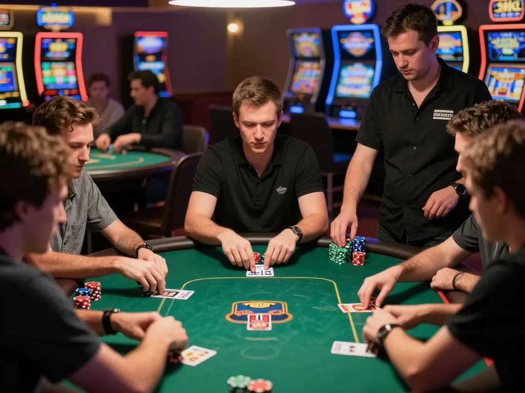 Engaging poker action at a lively casino showcasing players' focus and excitement in a tle-online game.