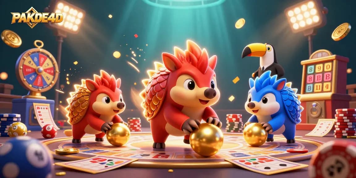PAKDE4D menghadirkan pangolin beraksi dalam permainan togel, dikelilingi elemen lotere dan keseruan.