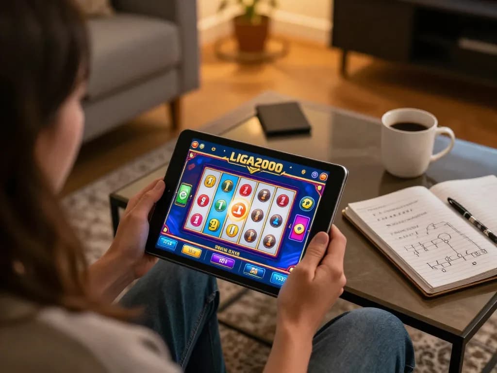 Engaging scene of a player enjoying LIGA2000 online slots on a tablet, emphasizing responsible gaming.