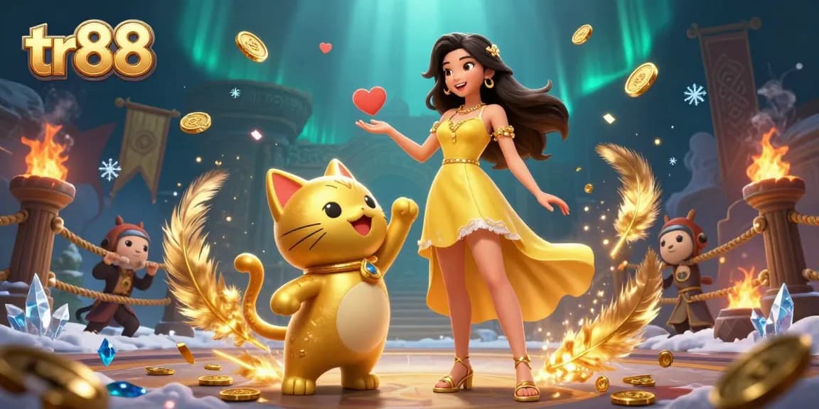 Spin to win at tr88 with a joyful Asian woman and a lucky cat amidst cascading gold coins.