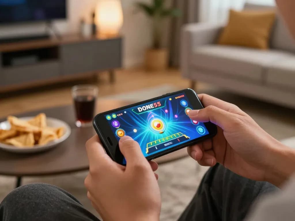 Engaging player immersed in Done55 app on smartphone in cozy home setting.