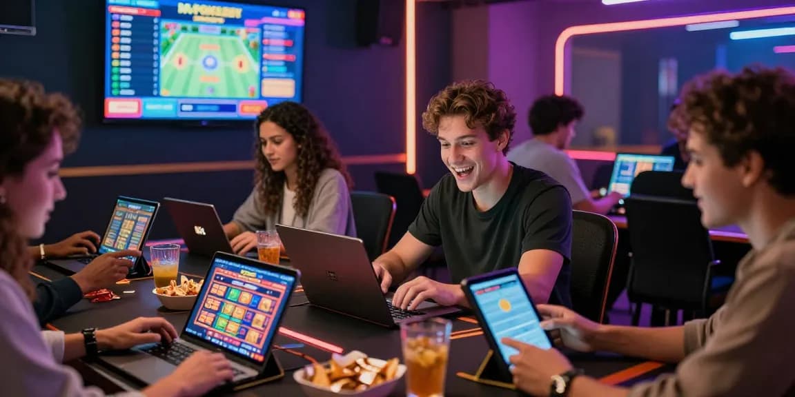 Friends celebrating while playing MPOCASH online games at night.