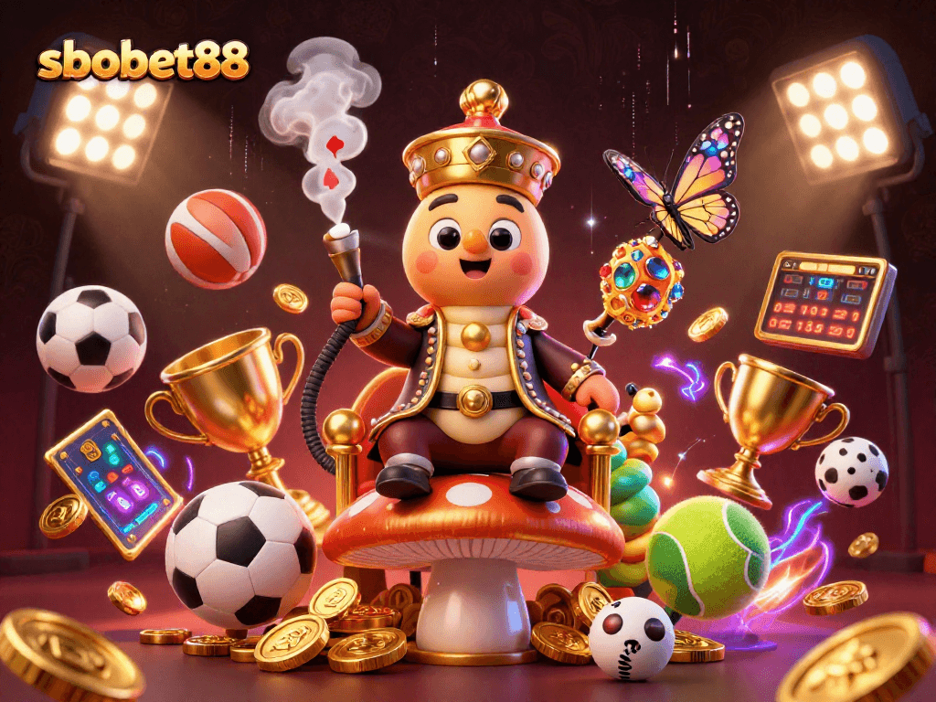 SBOBET88 offers thrilling sports betting action with a 3D vibrant illustration capturing dynamic elements.