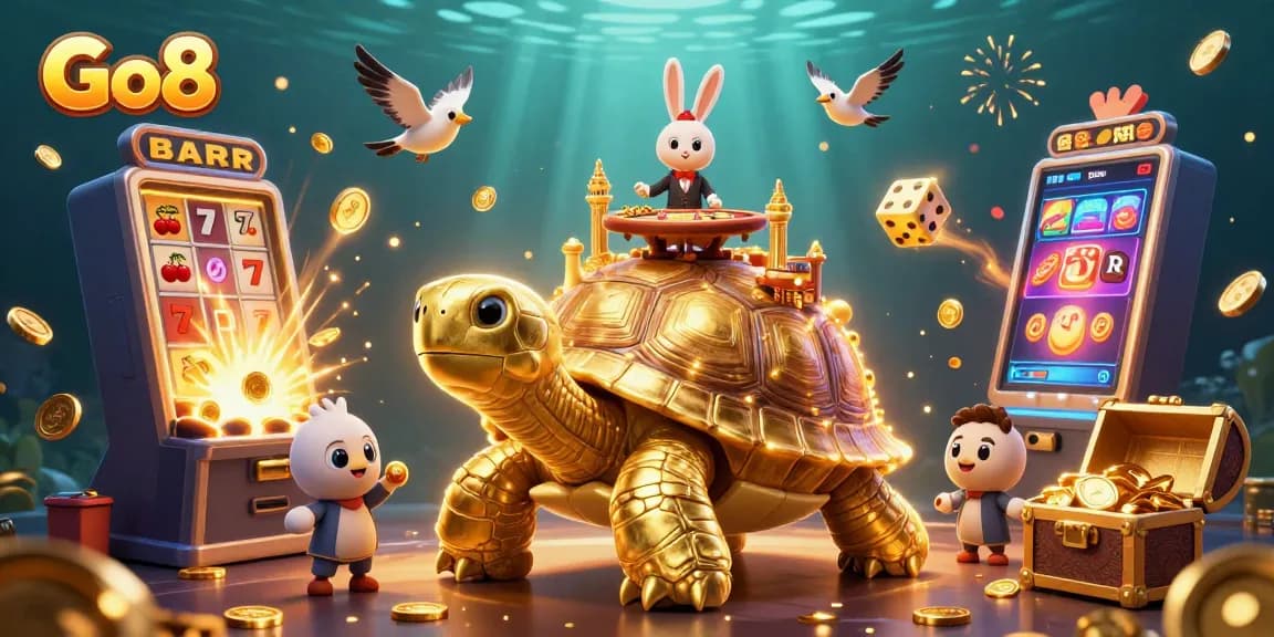 Experience the thrill of Go8 as birds carry golden coins around a casino palace on a giant tortoise.