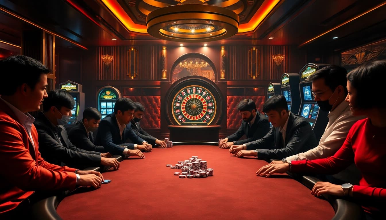 Players engaging intensely at a poker table in a luxurious casino, emphasizing Nhà Cái RR88's exciting gambling atmosphere.