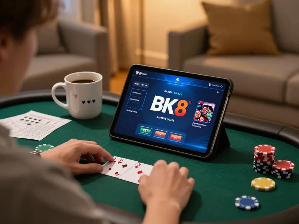 Engaged player using BK8 app for online poker strategy with cozy home ambiance.