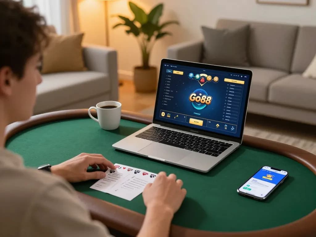 Player enjoying online poker on Go88 app in cozy living room setting