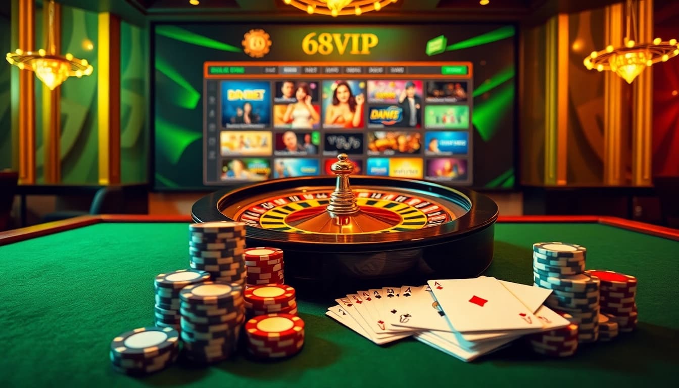 Experience thrilling gameplay at 68VIP with a luxurious casino setup and vibrant poker chips.