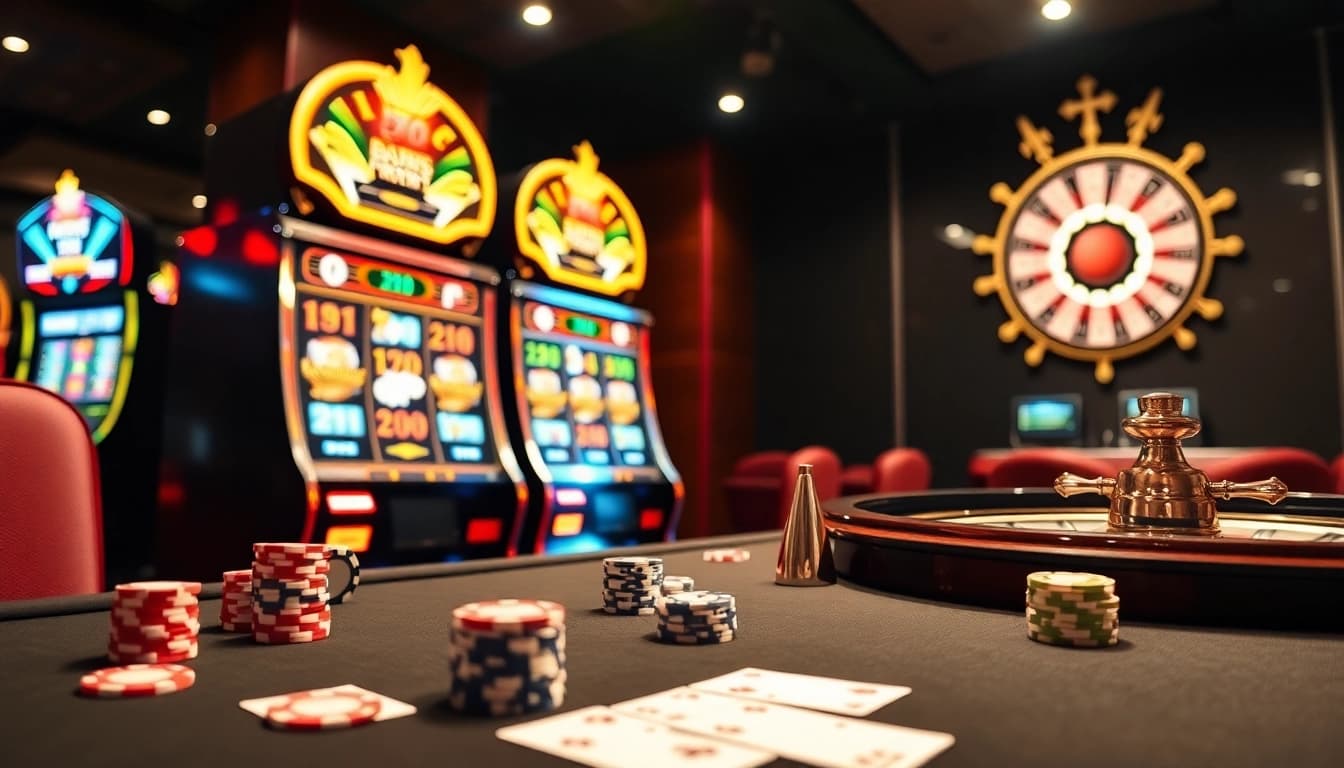 Adegan menarik dari aman788 slot gacor dengan mesin slot yang berwarna-warni dan chip poker.