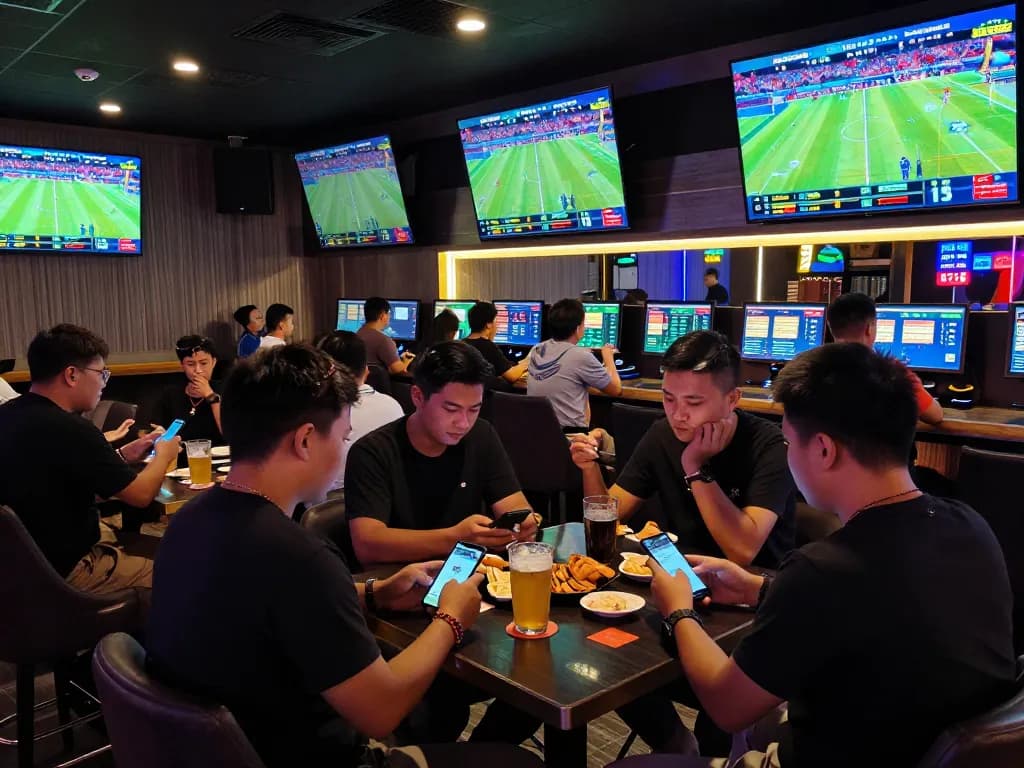Kèo nhà cái action captured in a sports betting scene with fans analyzing odds and live matches.