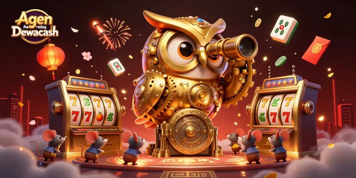 Agen Parlay Dewacash showcases a vibrant casino scene with a golden owl and energetic slot elements.