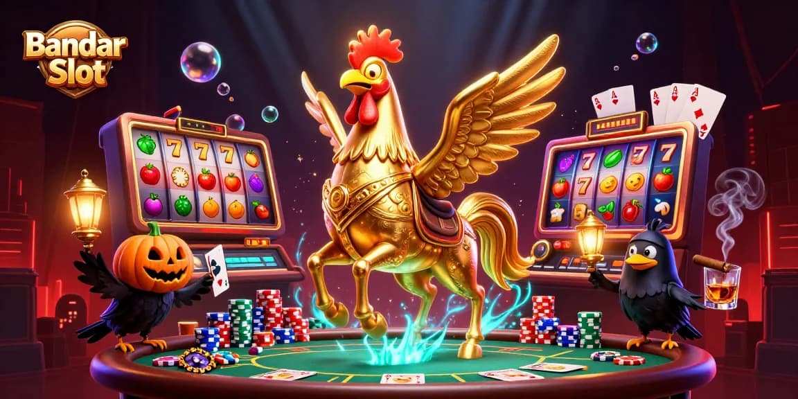 Bandar Slot menampilkan elang emas di kasino malam, dikelilingi slot dan chip poker