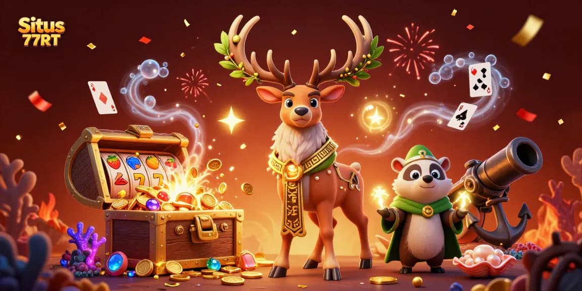 Spin and win with Situs 77RT's immersive 3D casino illustration featuring exciting slot elements and vibrant characters.
