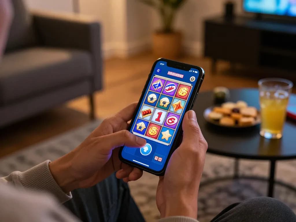 Person enjoying online slot games on smartphone, engaging with colorful link slot features comfortably at home