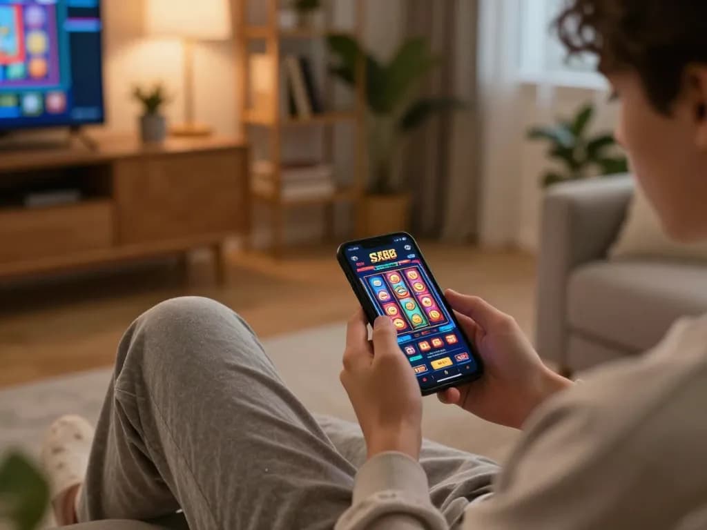 SX88 player enjoying mobile casino games in a cozy living room setting, engaged in gameplay