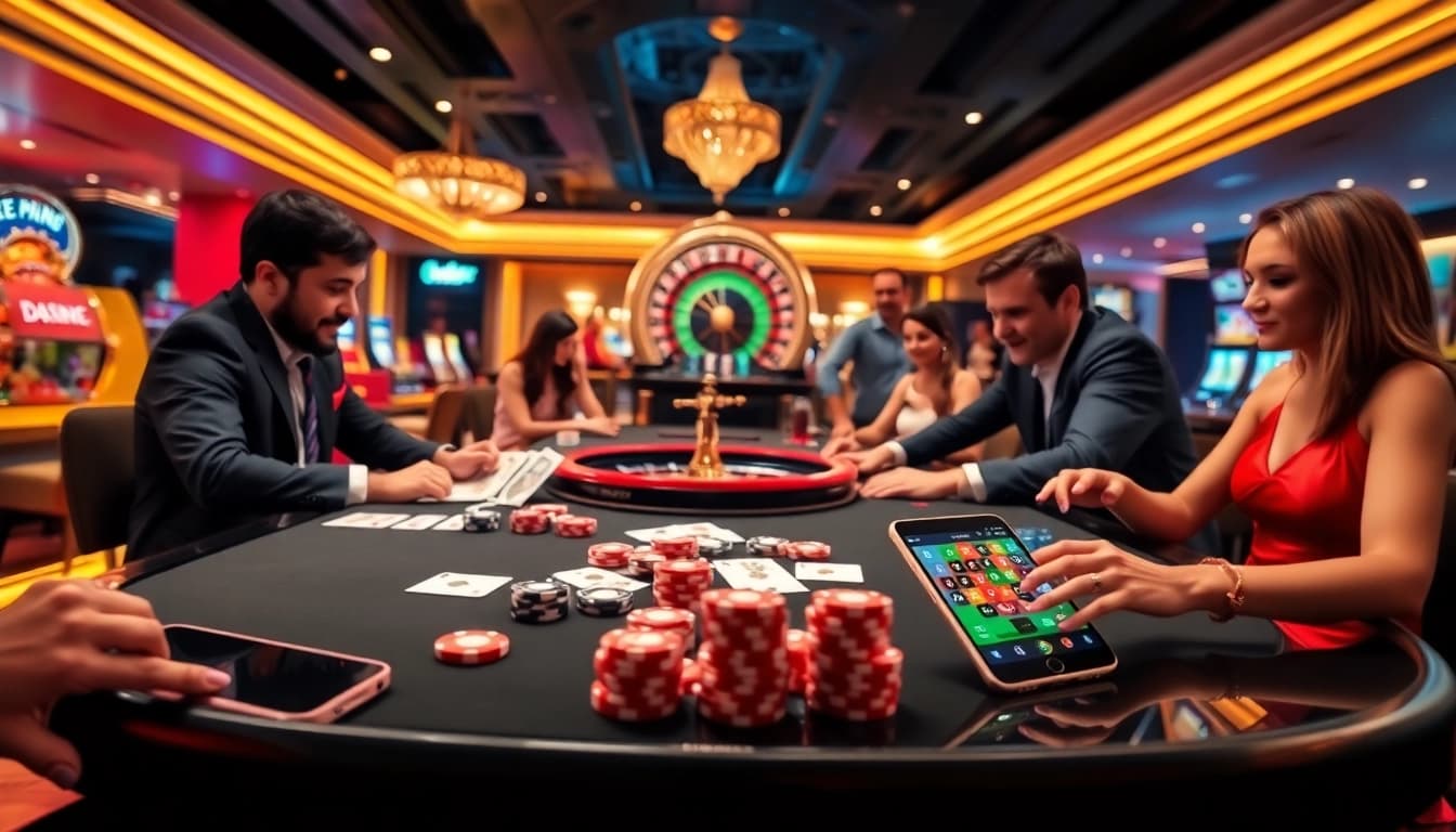 Engage in exciting games at https://nk88.baby/ with vibrant cards, chips, and roulette wheels in a luxurious casino.