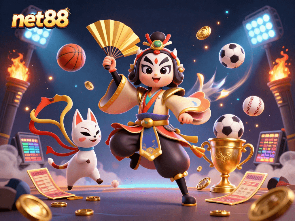 Place bets and win in an action-packed net88 casino scene featuring dynamic sports elements.