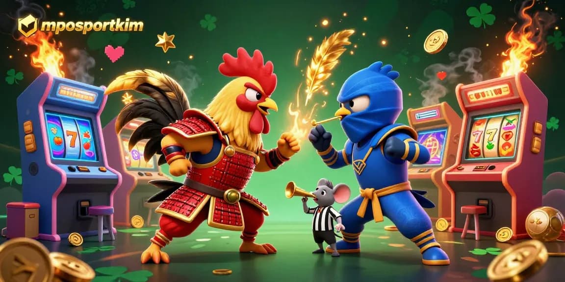 Engage in thrilling gameplay with mposportkim as roosters battle amidst casino tropes.