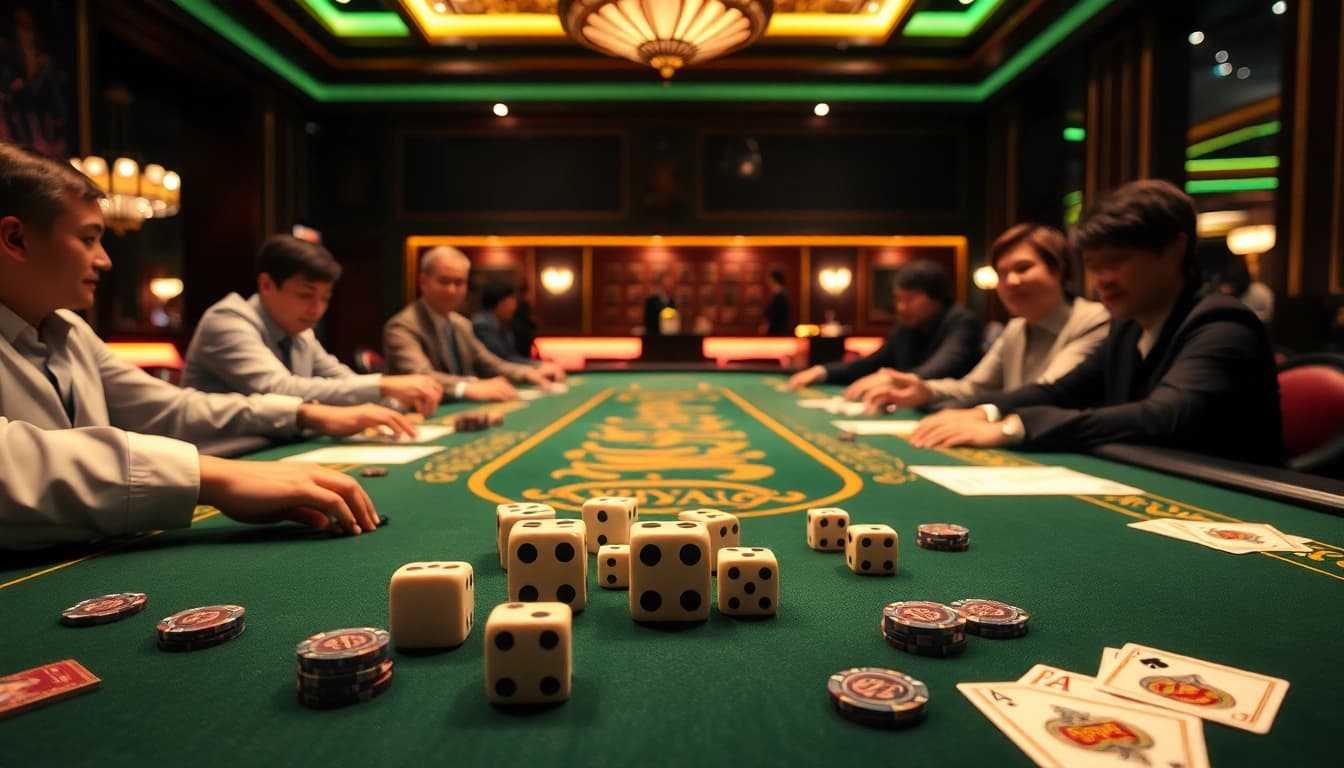 Players engaging in a thrilling game tài xỉu at an upscale casino table full of excitement.