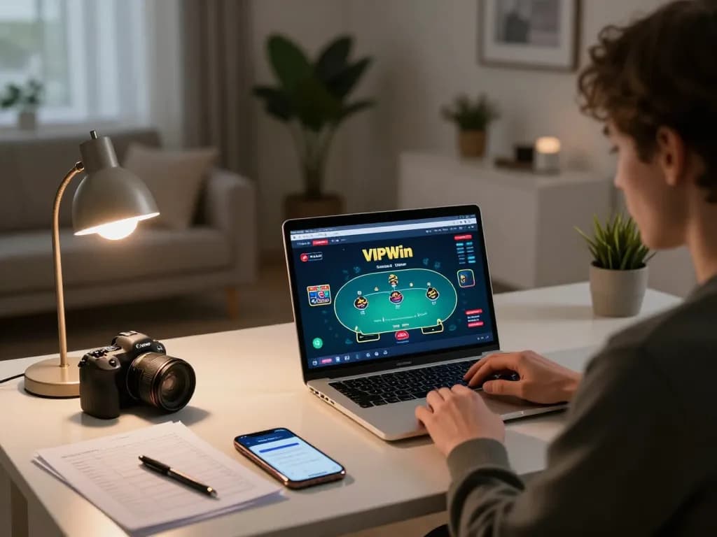 Enjoy exciting gameplay on VIPWin with strategic card actions and cozy home office setup