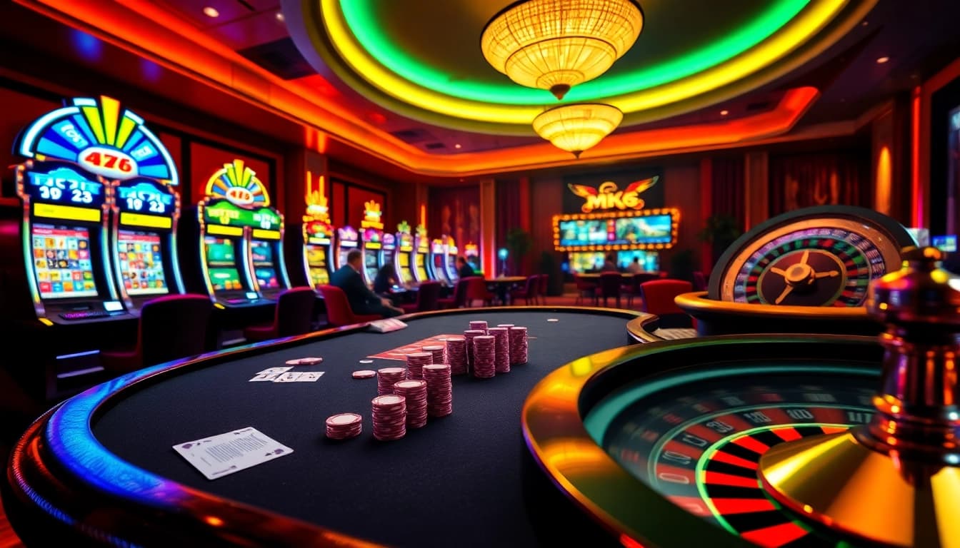 Experience the excitement of MK8 gambling at a vibrant poker table with eager players and flashing slot machines.
