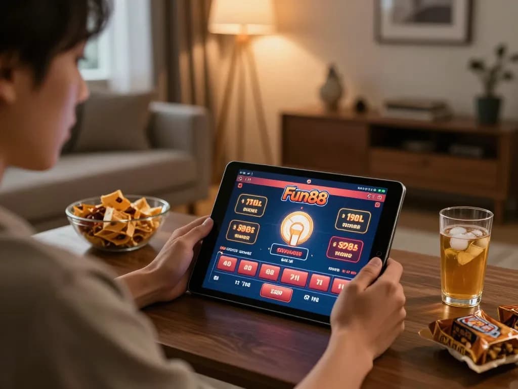 Engaging in Fun88 online gaming with a tablet at a cozy home setup, combining snacks and drinks.