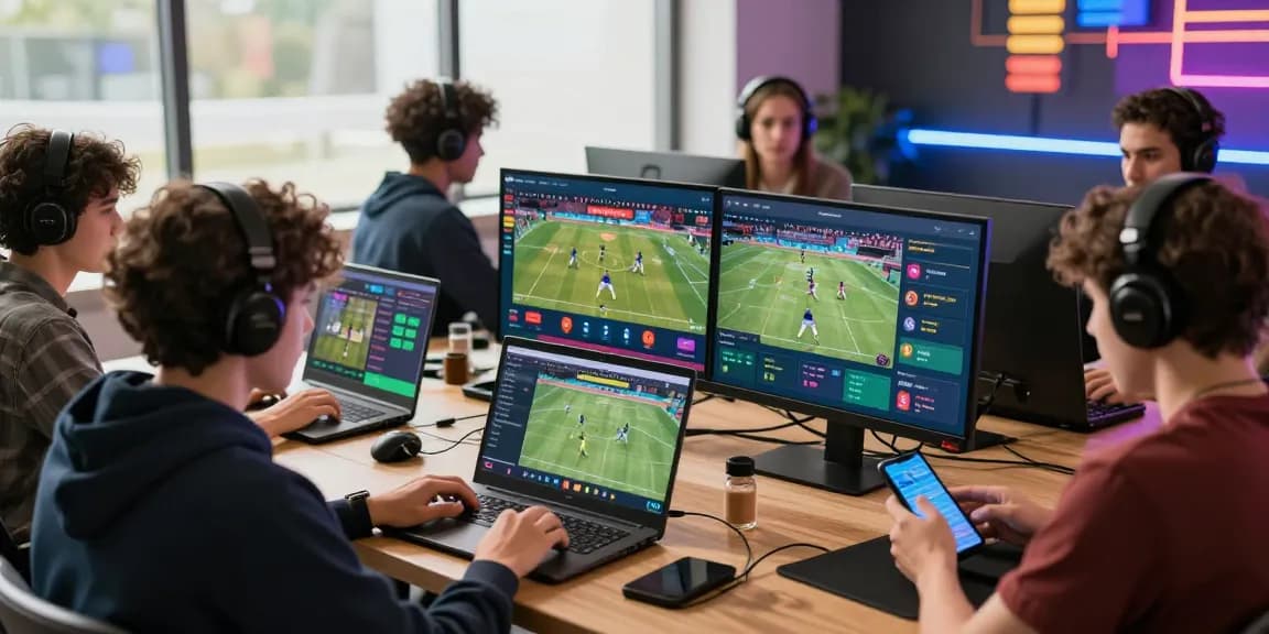 Enthusiastic gamblers engaging with the open88 platform at a modern betting setup, showcasing live sports events and dynamic betting options.