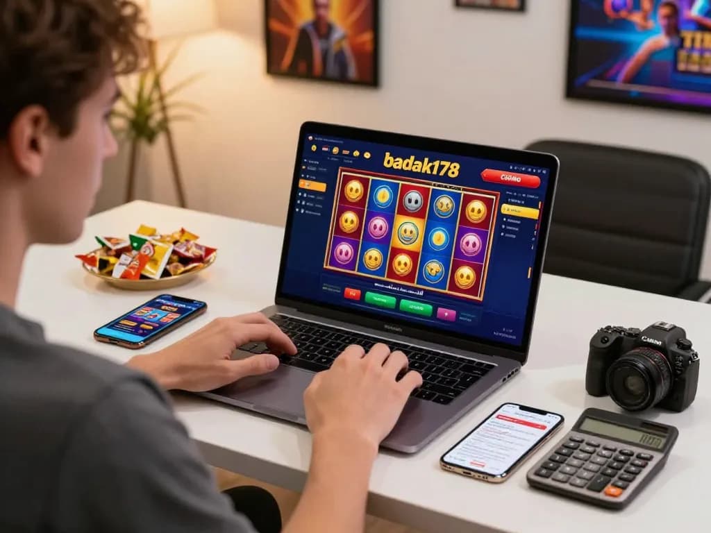 Engaged player exploring badak178 online slots while managing strategy notes and snacks in a cozy home setup.