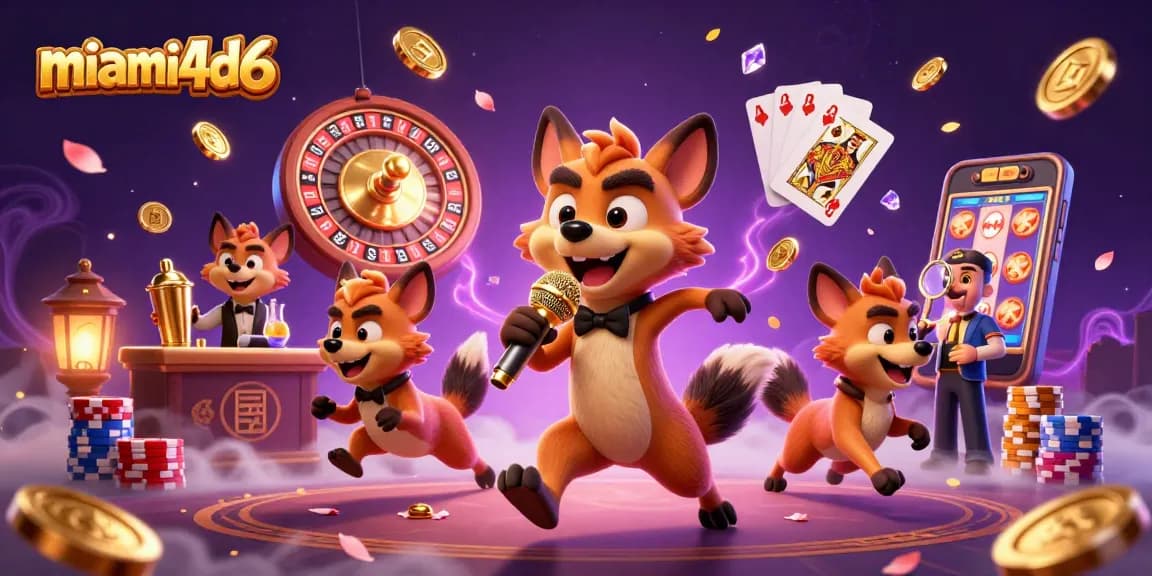 Engage in thrilling gameplay at a vibrant casino scene featuring miami4d6, showcasing hyena characters and dynamic game elements.