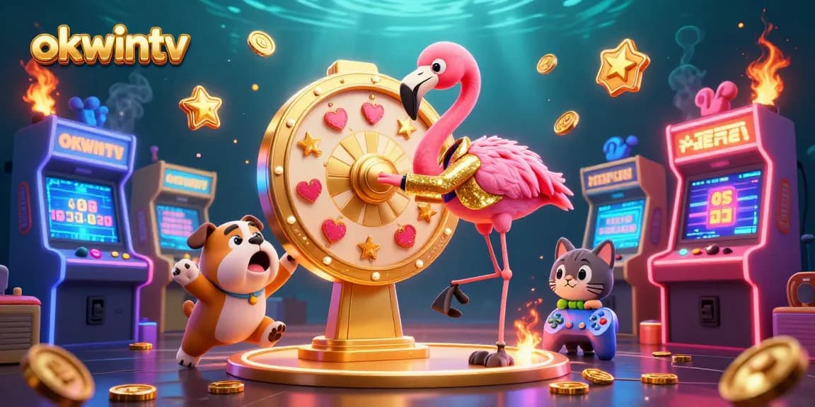 Experience the excitement of okwintv as characters spin the prize wheel amidst vibrant casino elements.