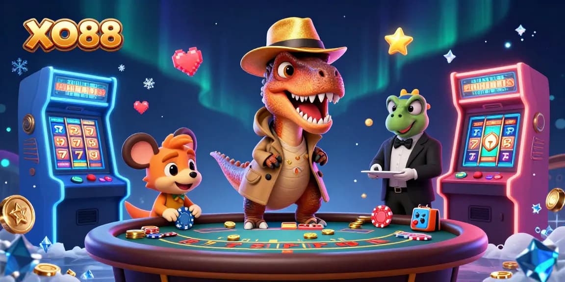 Engage with XO88 as a playful velociraptor at a blackjack table amid dynamic casino action.