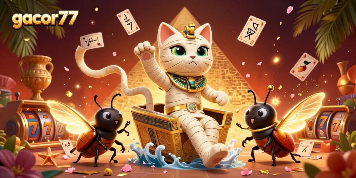 Gacor77 menghadirkan keseruan bermain slot dengan karakter unik dalam ilustrasi kasino yang menarik.