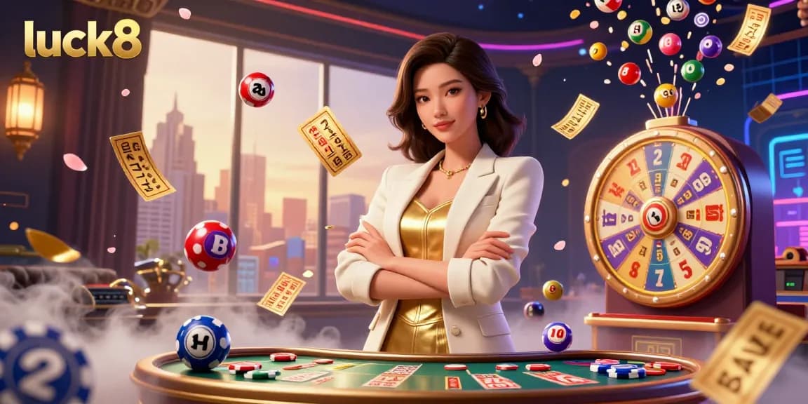 Experience luck8 with an elegant Asian woman displaying a deck of cards amidst vibrant lottery elements and a cityscape backdrop.