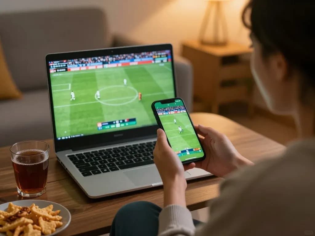 Experience watching live football matches online via smartphone and laptop, Xem bóng đá trực tuyến action in cozy setting.
