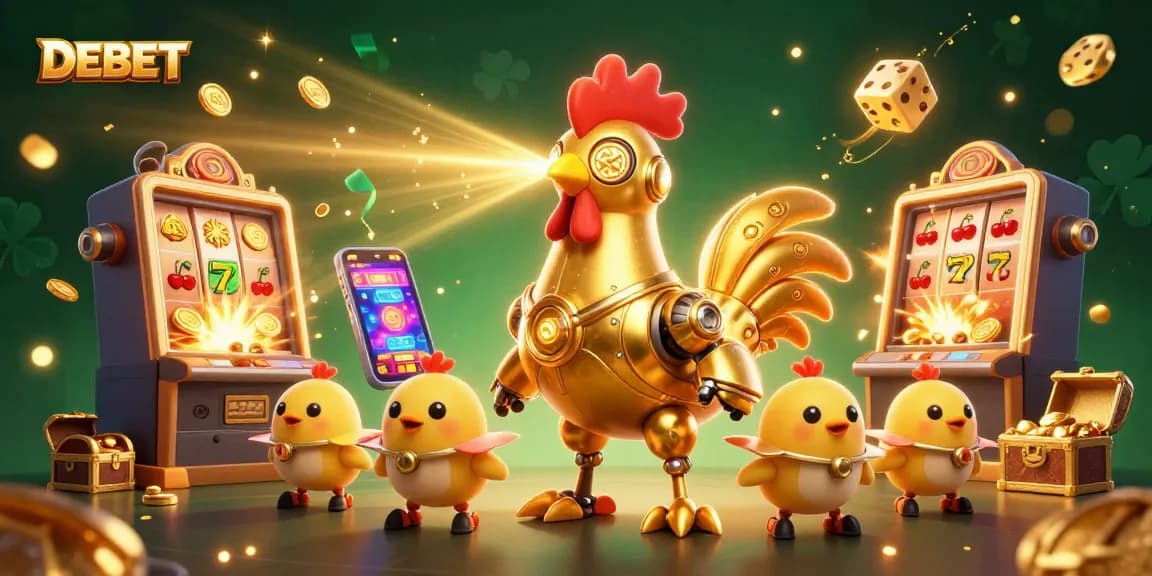 Play slots with DEBET’s thrilling 3D casino illustration featuring a golden rooster and vibrant games.